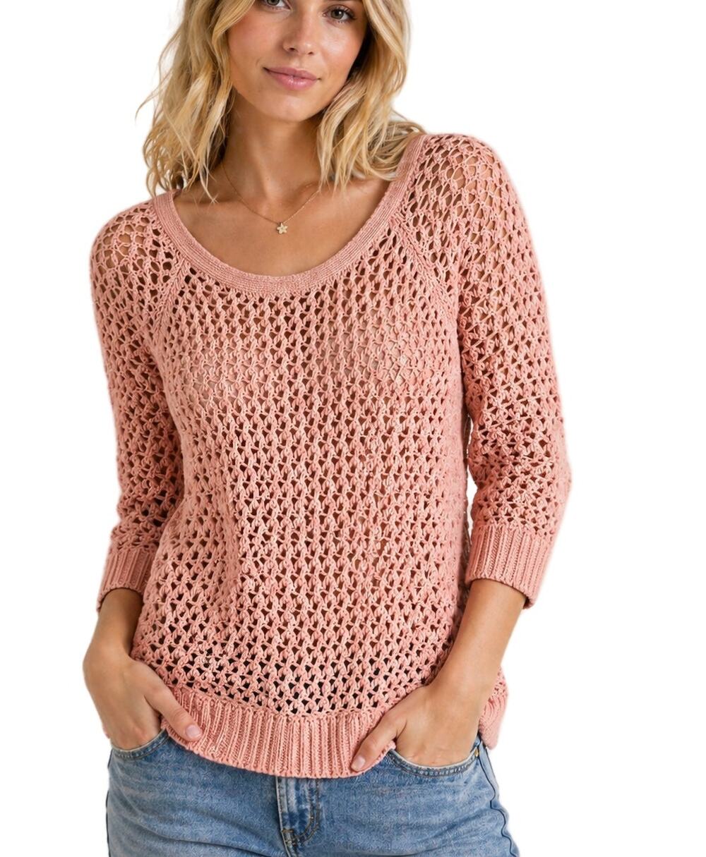 American Eagle Open Knit Sweater XL Pink Crochet Lightweight Boho Pullover